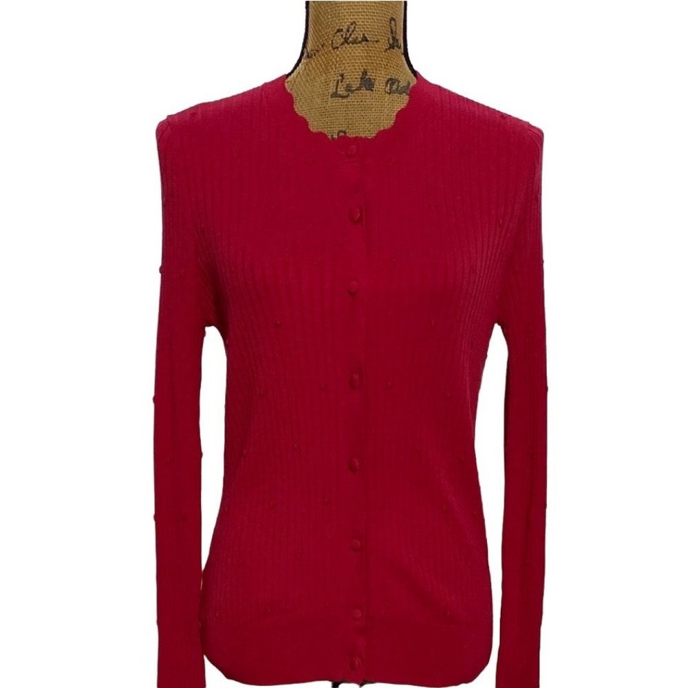 Ann Taylor S Cardigan Sweater Dark Pink‎ Ribbed Texture Puckered Dots Cute NWT